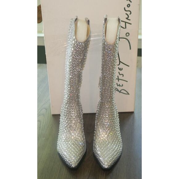 NEW Betsey Johnson Randy Silver Rhinestone Cowboy Boots Women's 7.5 - Picture 2 of 9